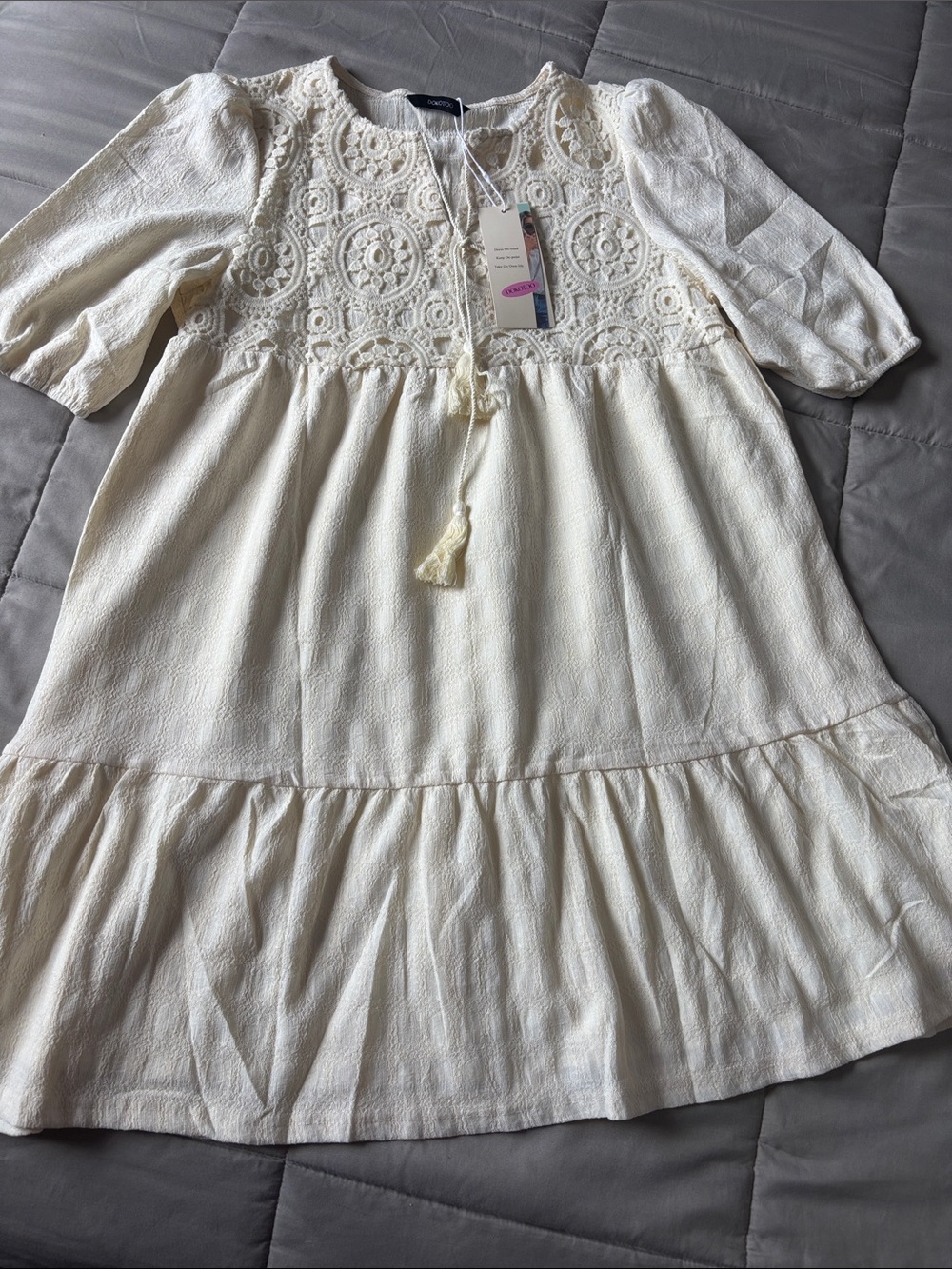 Girls Cream Crochet Bodice Tiered Casual Dress - Kids